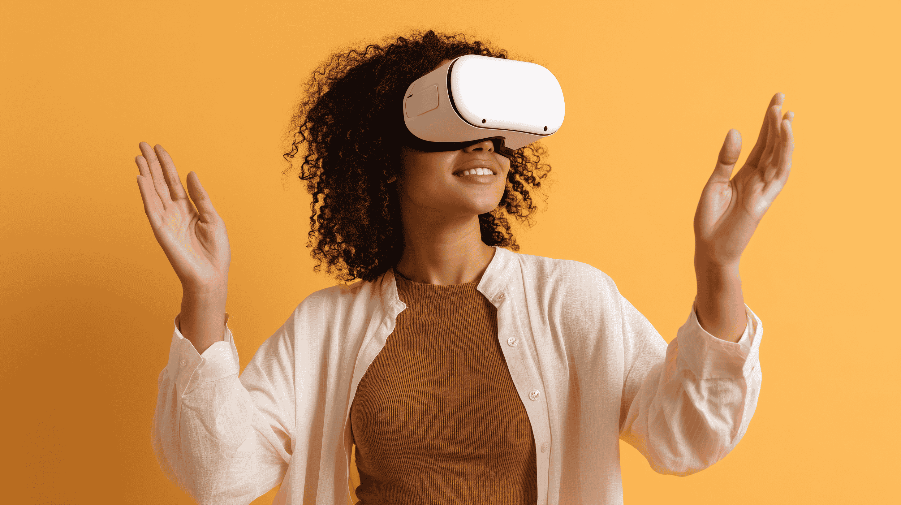 A person wearing a VR headset, interacting with a virtual object in a futuristic setting